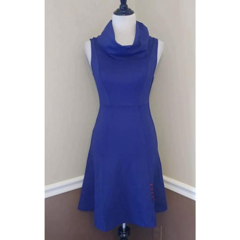 Navy Blue Knit Dress Cowl Neck Modcloth with Burgundy Button Detail XXS